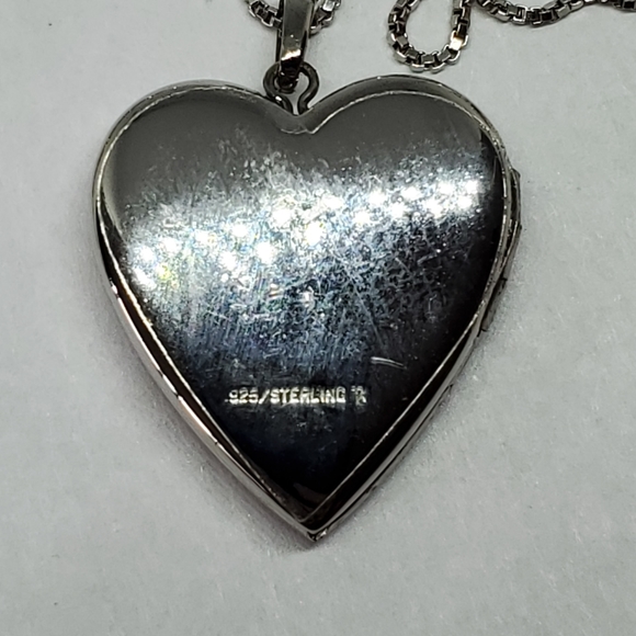 SOLD Sterling Silver Heart Locket Matte Diamond Accent Necklace - Picture 3 of 8